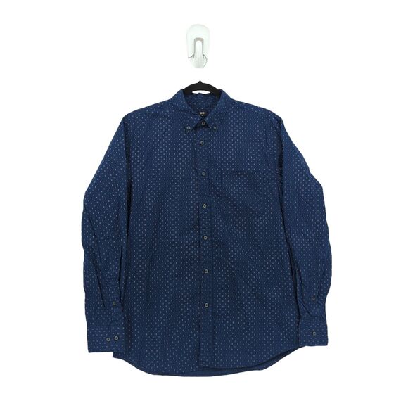 UNIQLO Men M Shirt Navy Blue Fine Cotton Broad Print Button Collared Long Sleeve - Picture 1 of 7